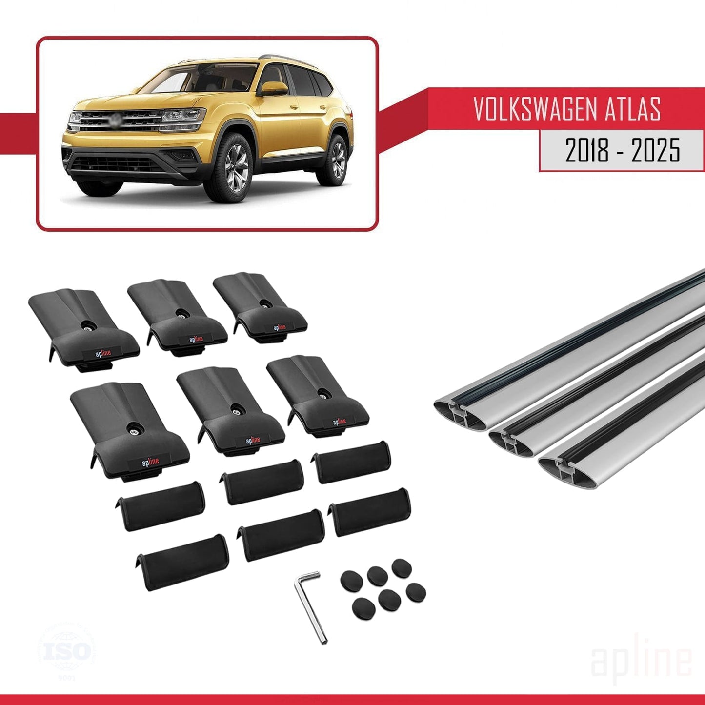 Compatible avec Volkswagen Atlas (CA1) 2018-2025 FLY Model Barres de Toit Railing Porte-Bagages de Voiture Gris Aluminium 3 Barres