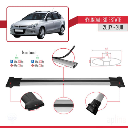 Compatibile con Hyundai i30 (FD) Station Wagon 2007-2011 modello FLY Barre portatutto per auto Portapacchi in alluminio grigio 3 barre