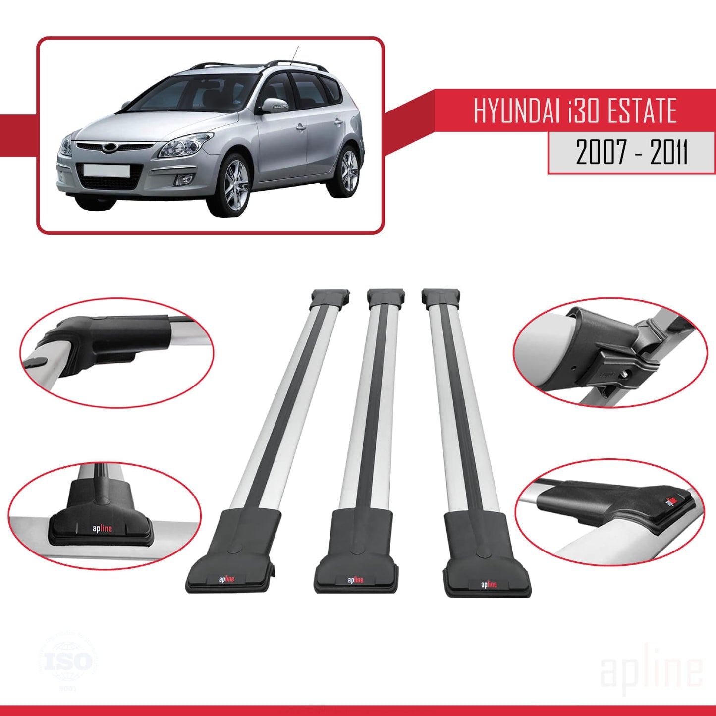 Compatibile con Hyundai i30 (FD) Station Wagon 2007-2011 modello FLY Barre portatutto per auto Portapacchi in alluminio grigio 3 barre