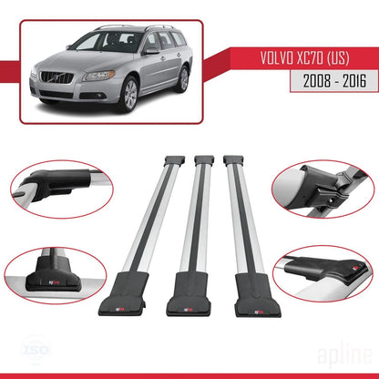 Compatible avec Volvo XC70 II (P24) 2008-2016 FLY Model Barres de Toit Railing Porte-Bagages de Voiture Gris Aluminium 3 Barres