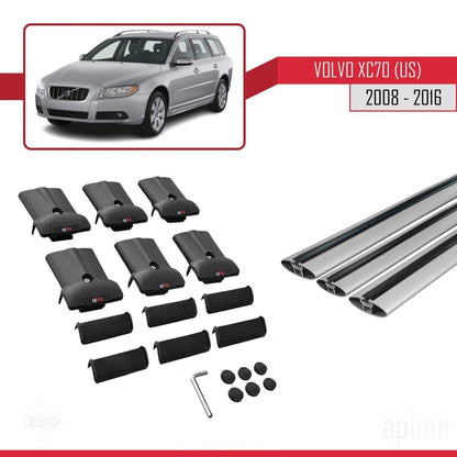 Compatible avec Volvo XC70 II (P24) 2008-2016 FLY Model Barres de Toit Railing Porte-Bagages de Voiture Gris Aluminium 3 Barres