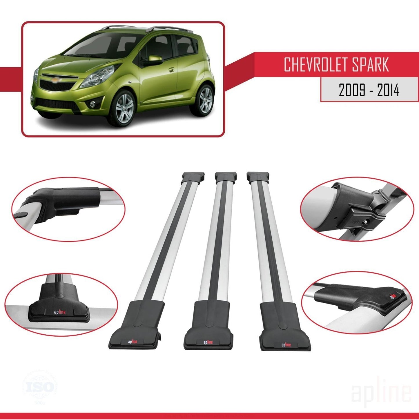 Compatibile con Chevrolet Spark (M300) 2009-2014 modello FLY Barre portatutto per auto Portapacchi in alluminio grigio 3 barre