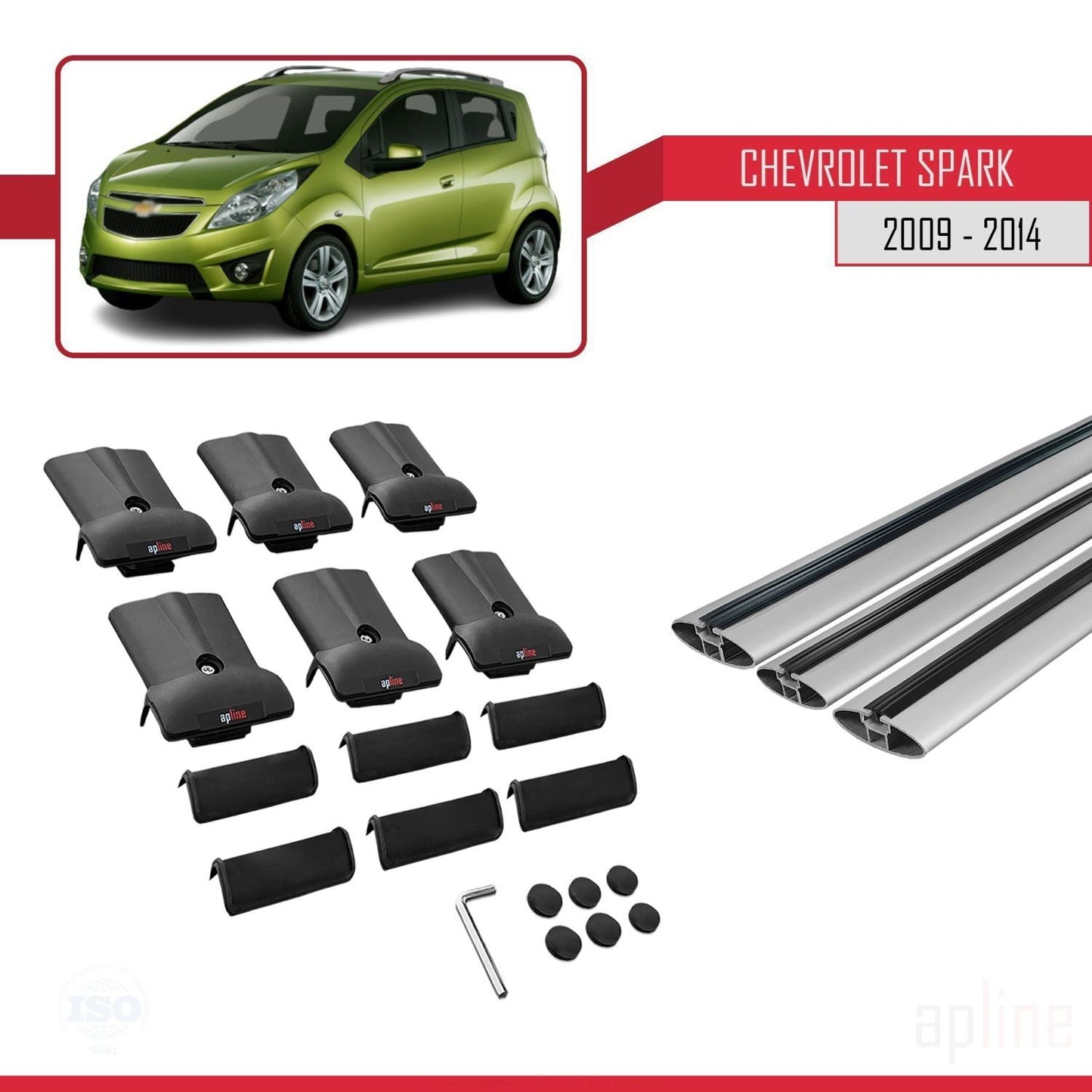 Compatibile con Chevrolet Spark (M300) 2009-2014 modello FLY Barre portatutto per auto Portapacchi in alluminio grigio 3 barre
