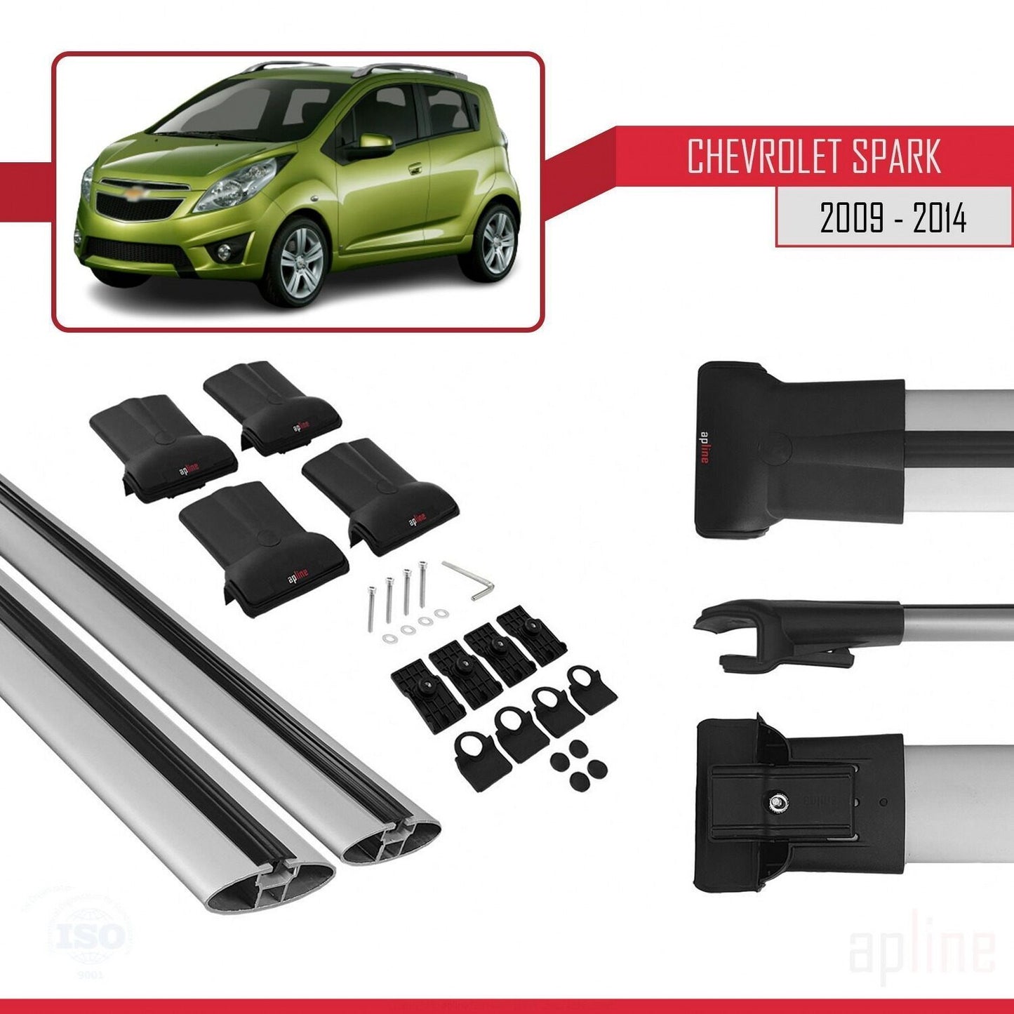 Compatibile con Chevrolet Spark (M300) 2009-2014 modello FLY Barre portatutto per auto Portapacchi in alluminio grigio 2 barre