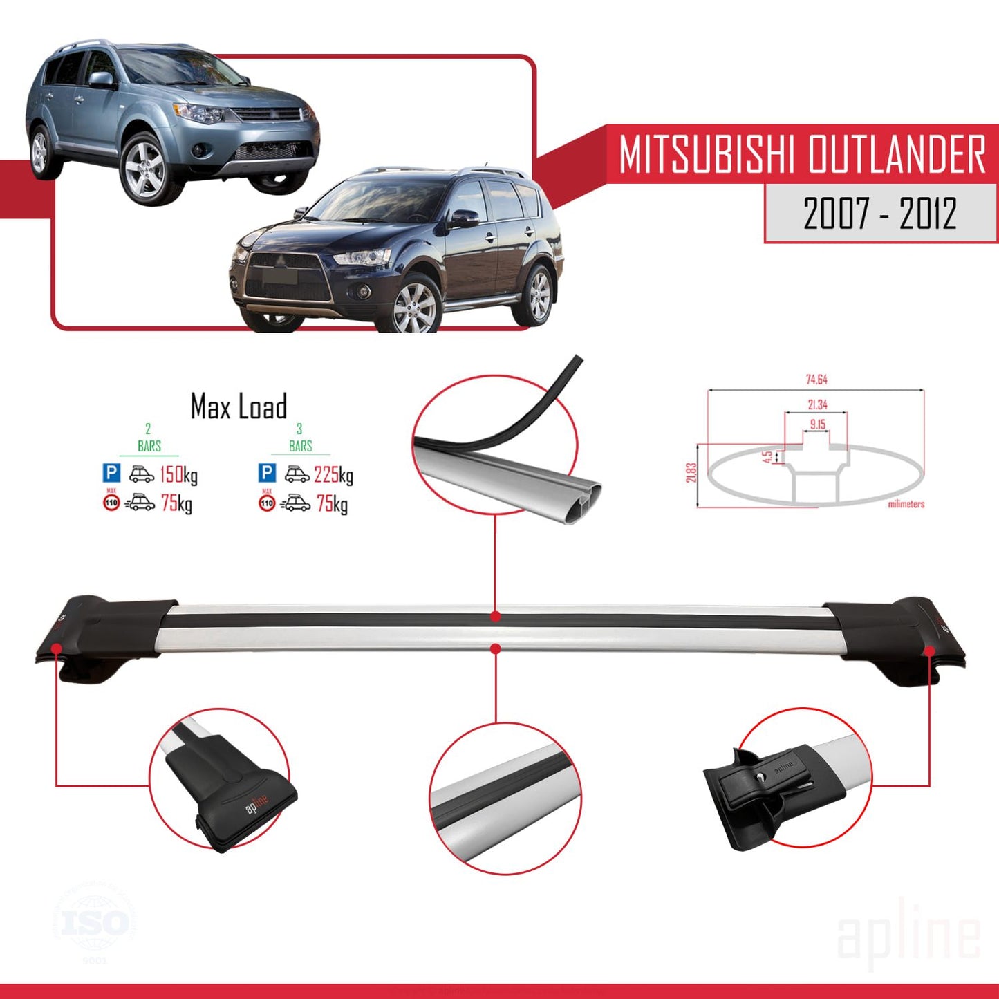 Compatible avec Mitsubishi Outlander 2 2007-2012 FLY Model Barres de Toit Railing Porte-Bagages de Voiture Gris Aluminium 3 Barres