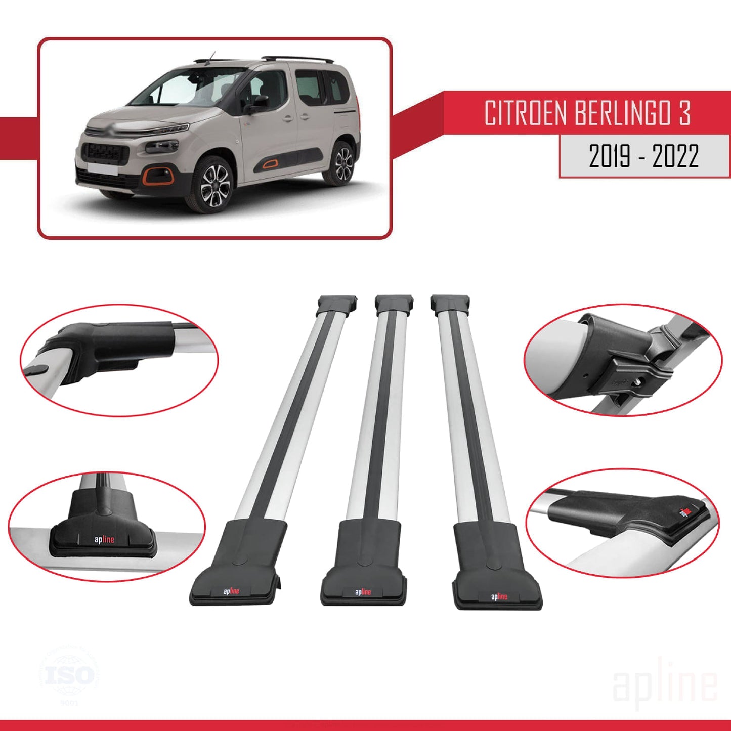 Compatibile con Citroen Berlingo 3 (K9) 2019-2022 modello FLY Barre portatutto per auto Portapacchi in alluminio grigio 3 barre
