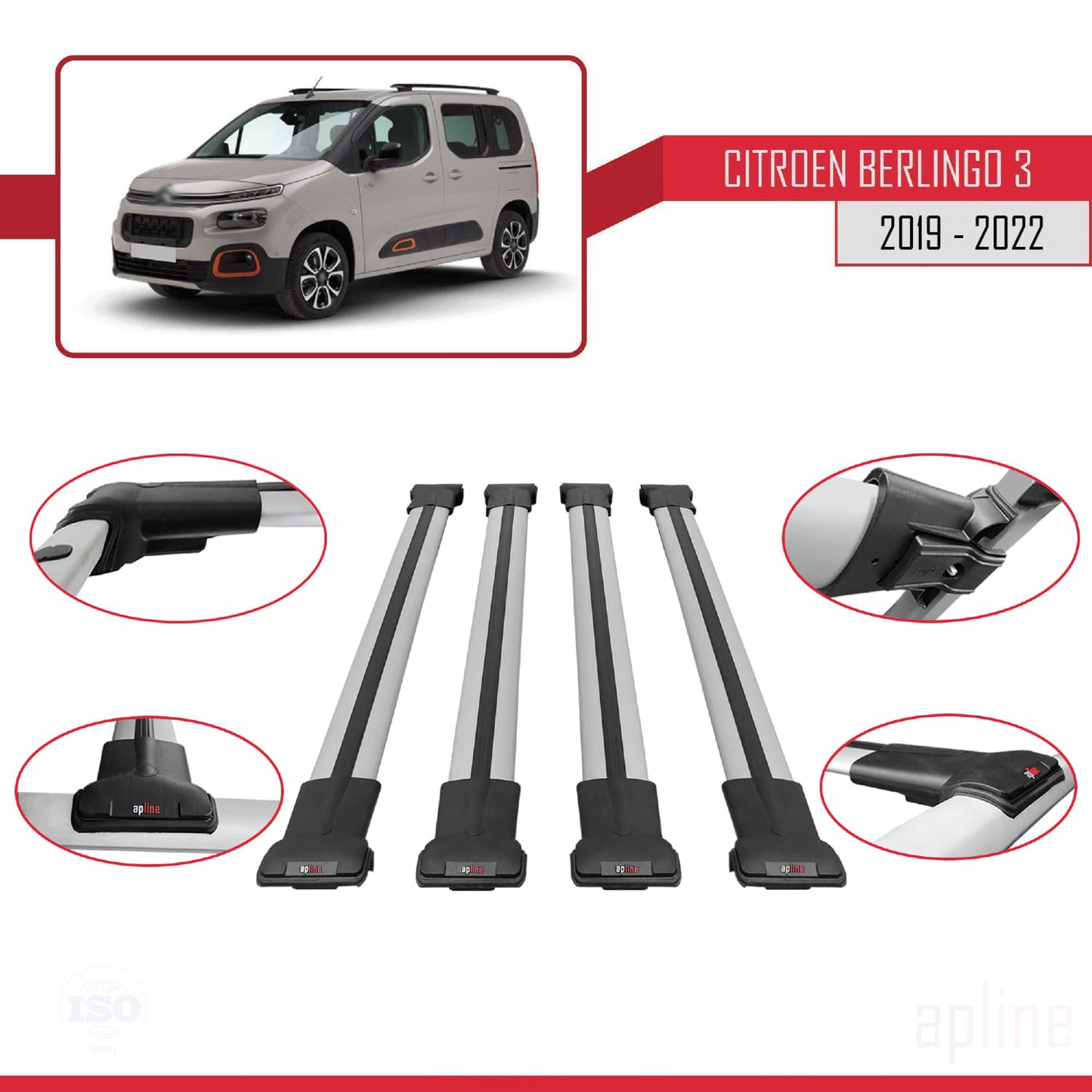 Compatible with Citroen Berlingo 3 (K9) 2019-2022 FLY Model Car Roof Rack Cross Bar Grey Aluminium 4 Bars