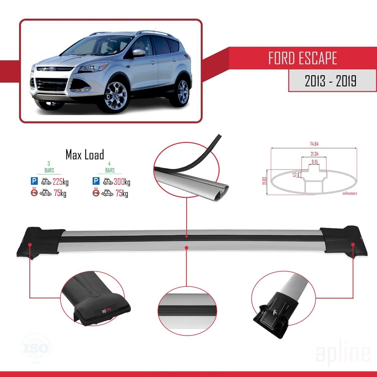 Compatibile con Ford Escape 3 2013-2019 modello FLY Barre portatutto per auto Portapacchi in alluminio grigio 3 barre