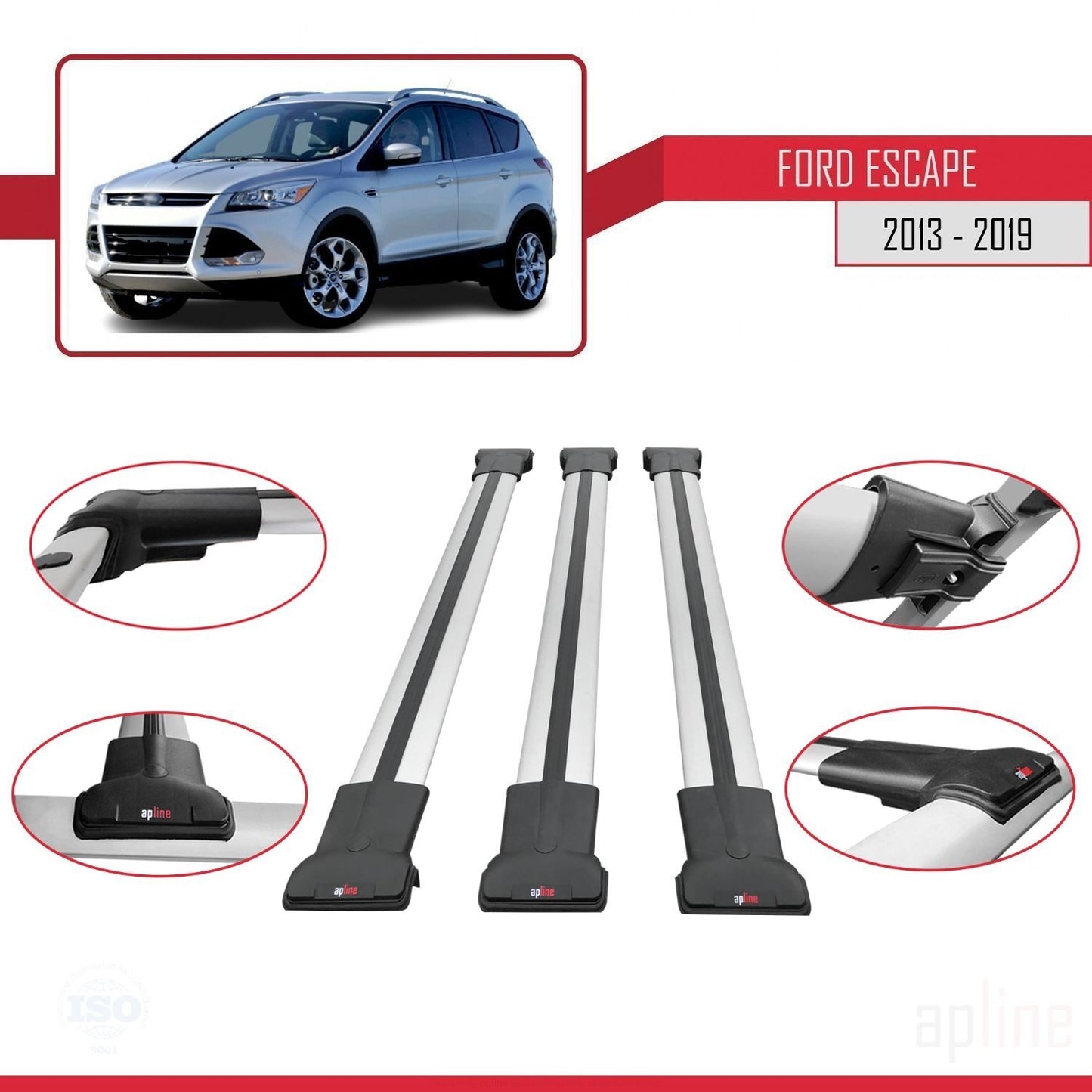 Compatibile con Ford Escape 3 2013-2019 modello FLY Barre portatutto per auto Portapacchi in alluminio grigio 3 barre