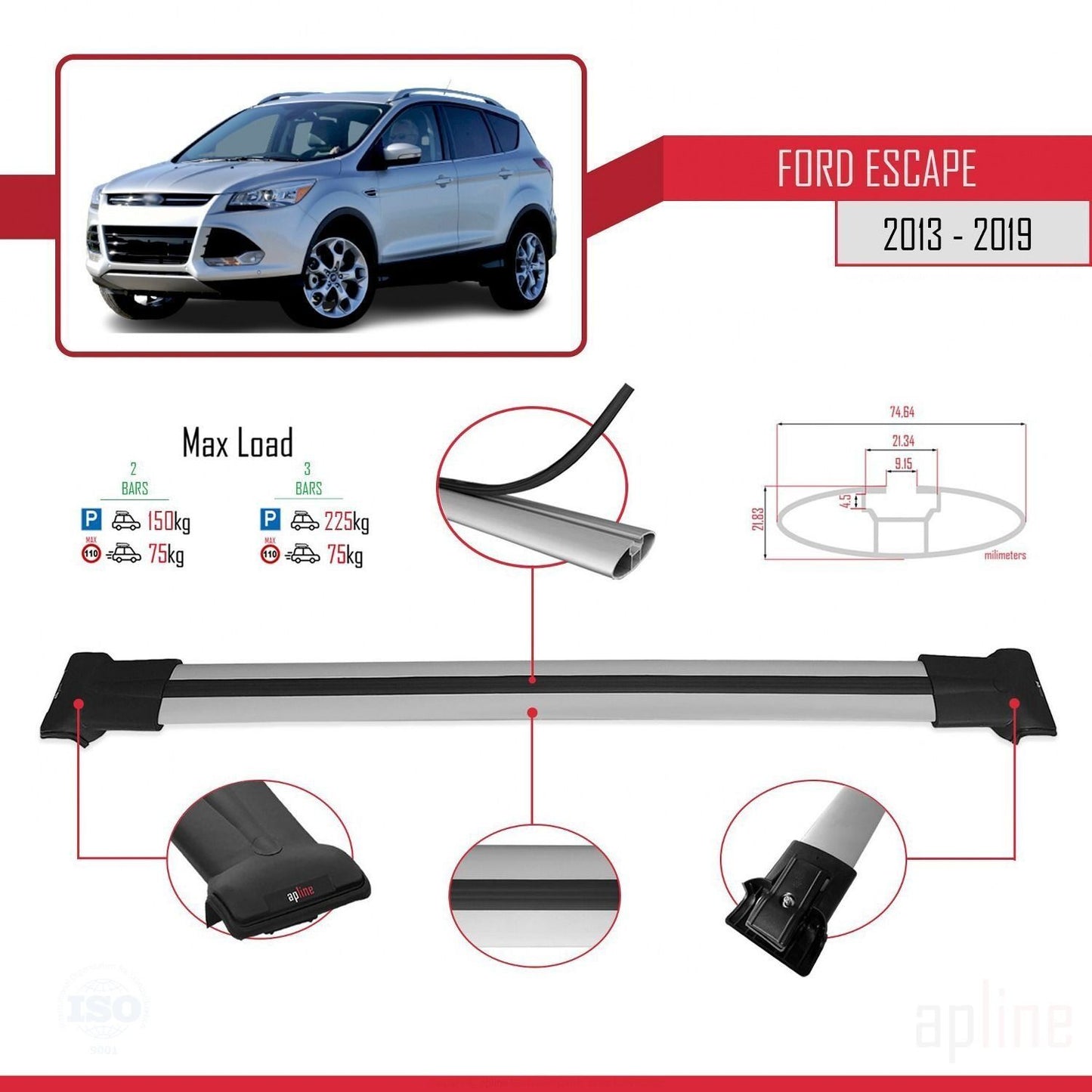 Compatibile con Ford Escape 3 2013-2019 modello FLY Barre portatutto per auto Portapacchi in alluminio grigio 2 barre