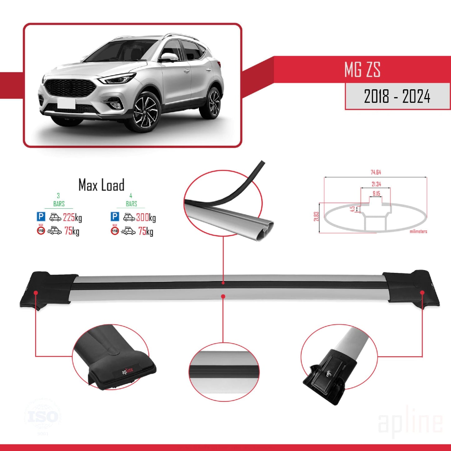 Compatible avec MG ZS 2018-2024 FLY Model Barres de Toit Railing Porte-Bagages de Voiture Gris Aluminium 3 Barres