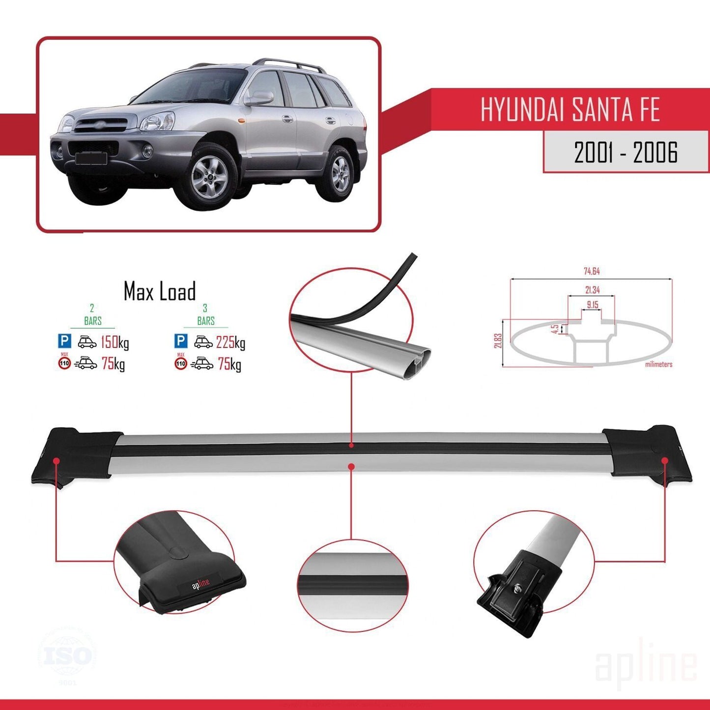 Compatibile con Hyundai Santa Fe (SM) 2001-2006 modello FLY Barre portatutto per auto Portapacchi in alluminio grigio 2 barre