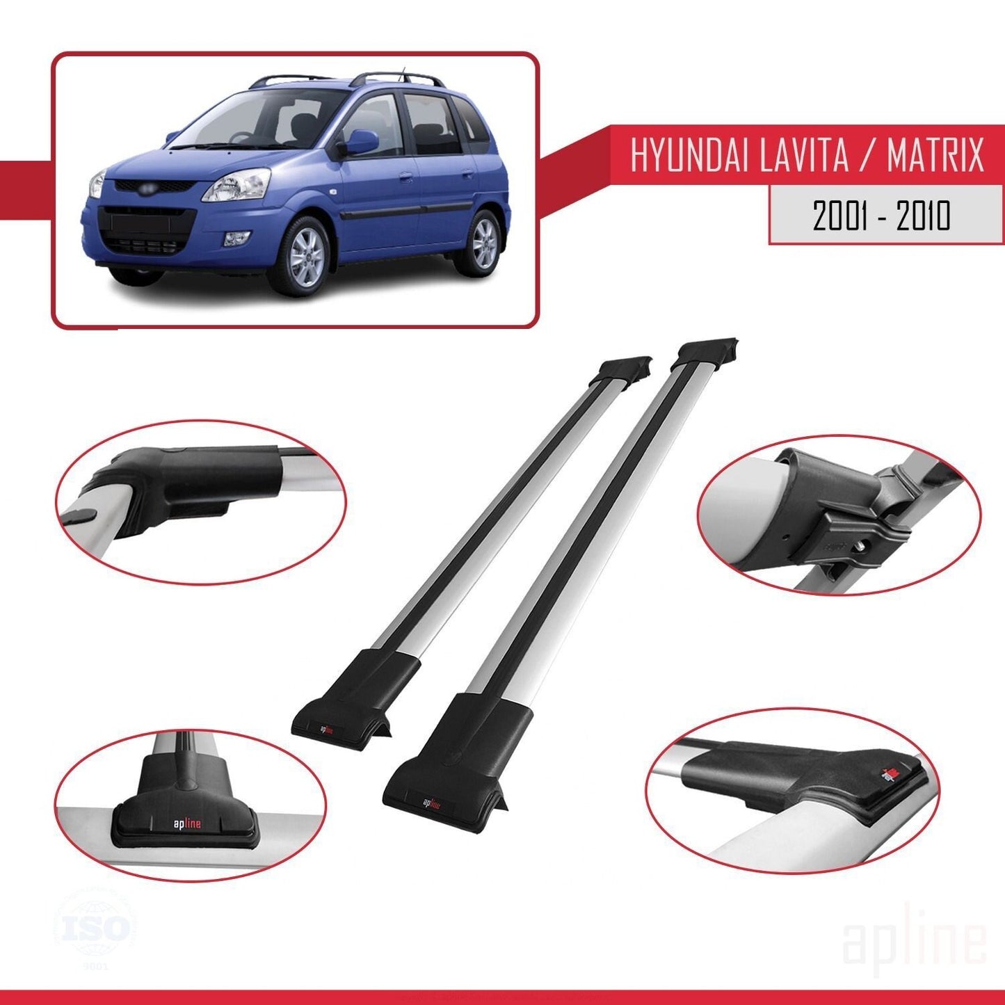 Compatibile con Hyundai Matrix (FC) 2001-2010 modello FLY Barre portatutto per auto Portapacchi in alluminio grigio 2 barre
