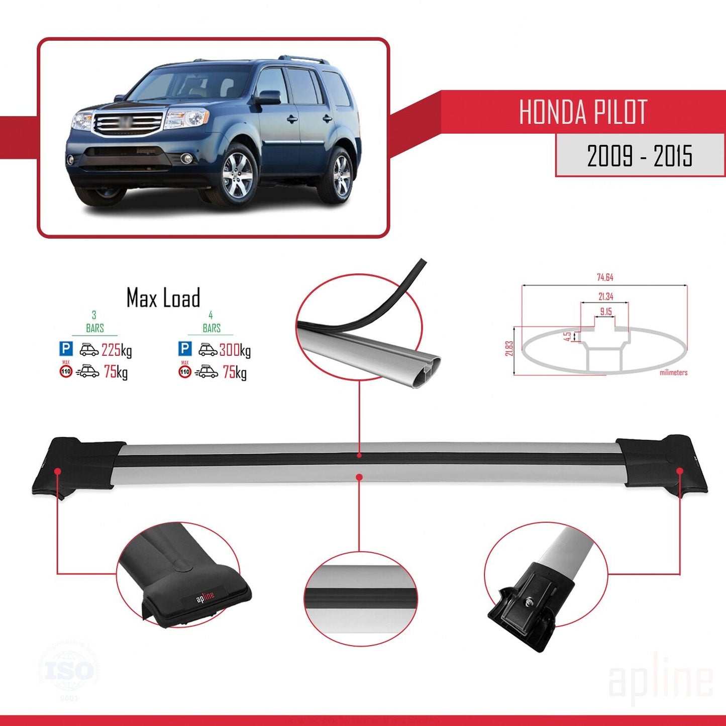 Compatibile con Honda Pilot 2 2009-2015 modello FLY Barre portatutto per auto Portapacchi in alluminio grigio 3 barre