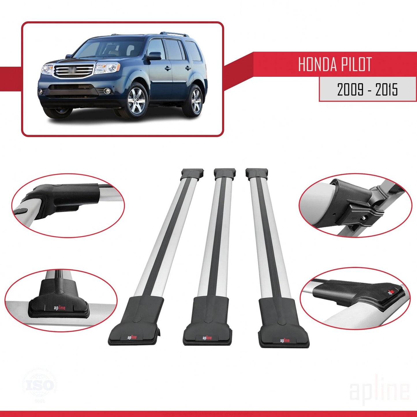 Compatibile con Honda Pilot 2 2009-2015 modello FLY Barre portatutto per auto Portapacchi in alluminio grigio 3 barre