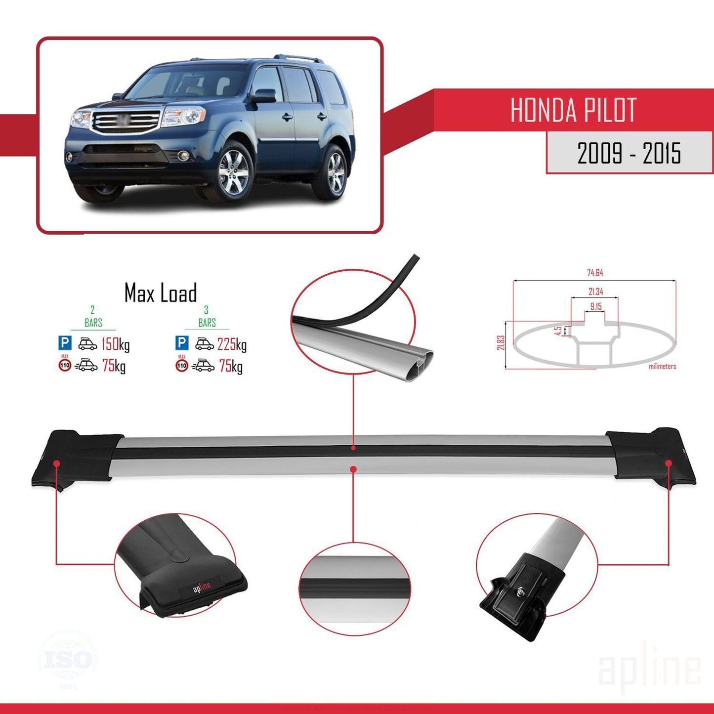 Compatibile con Honda Pilot 2 2009-2015 modello FLY Barre portatutto per auto Portapacchi in alluminio grigio 2 barre