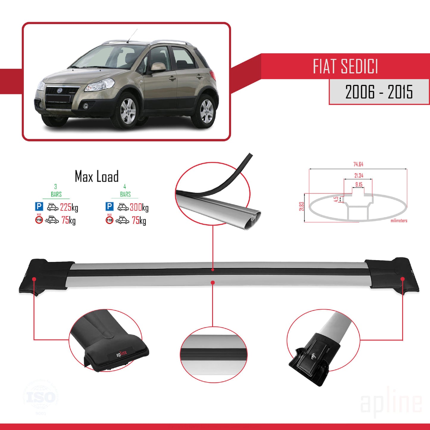 Compatibile con Fiat Sedici 2006-2015 modello FLY Barre portatutto Railing Portapacchi per auto Alluminio grigio 3 barre