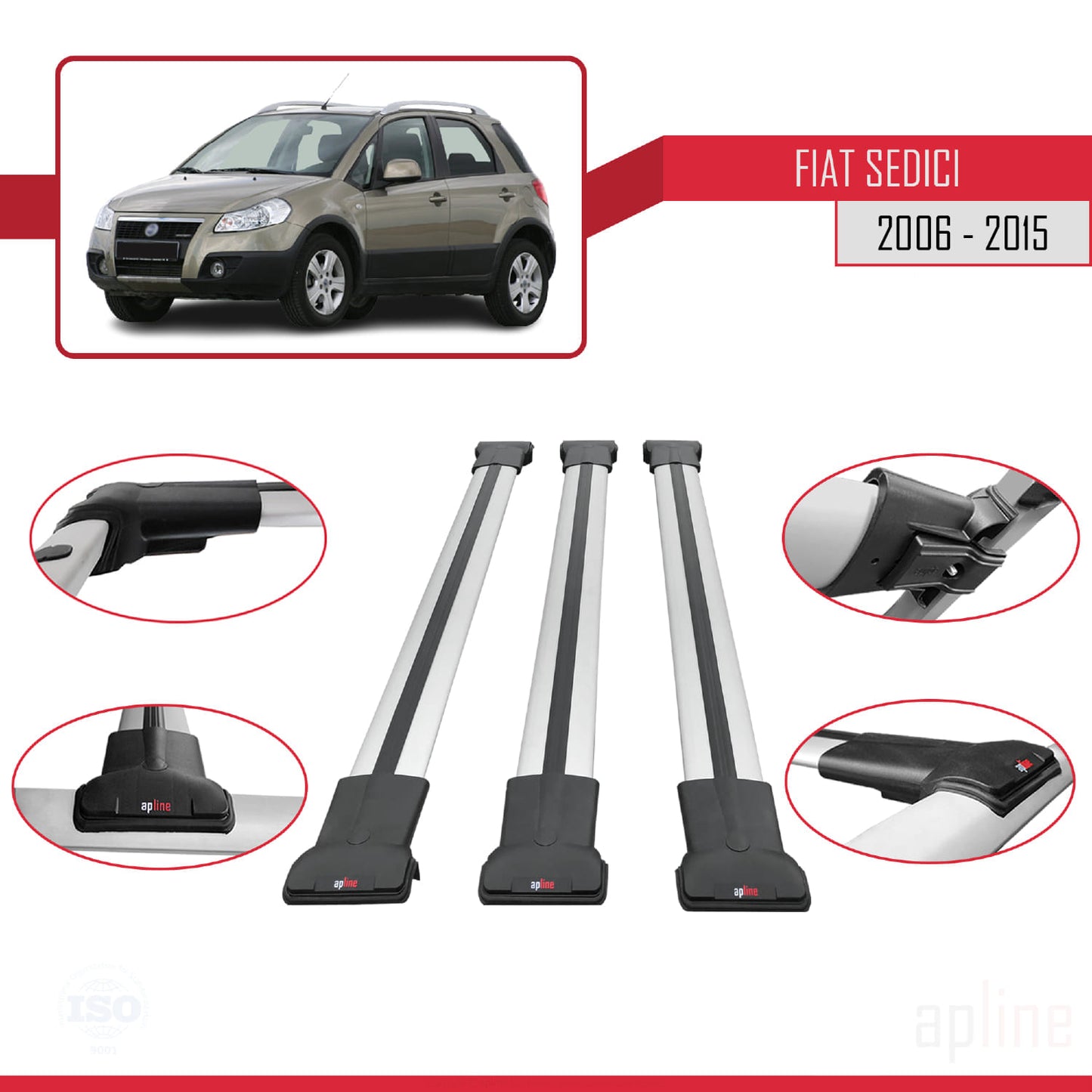 Compatibile con Fiat Sedici 2006-2015 modello FLY Barre portatutto Railing Portapacchi per auto Alluminio grigio 3 barre