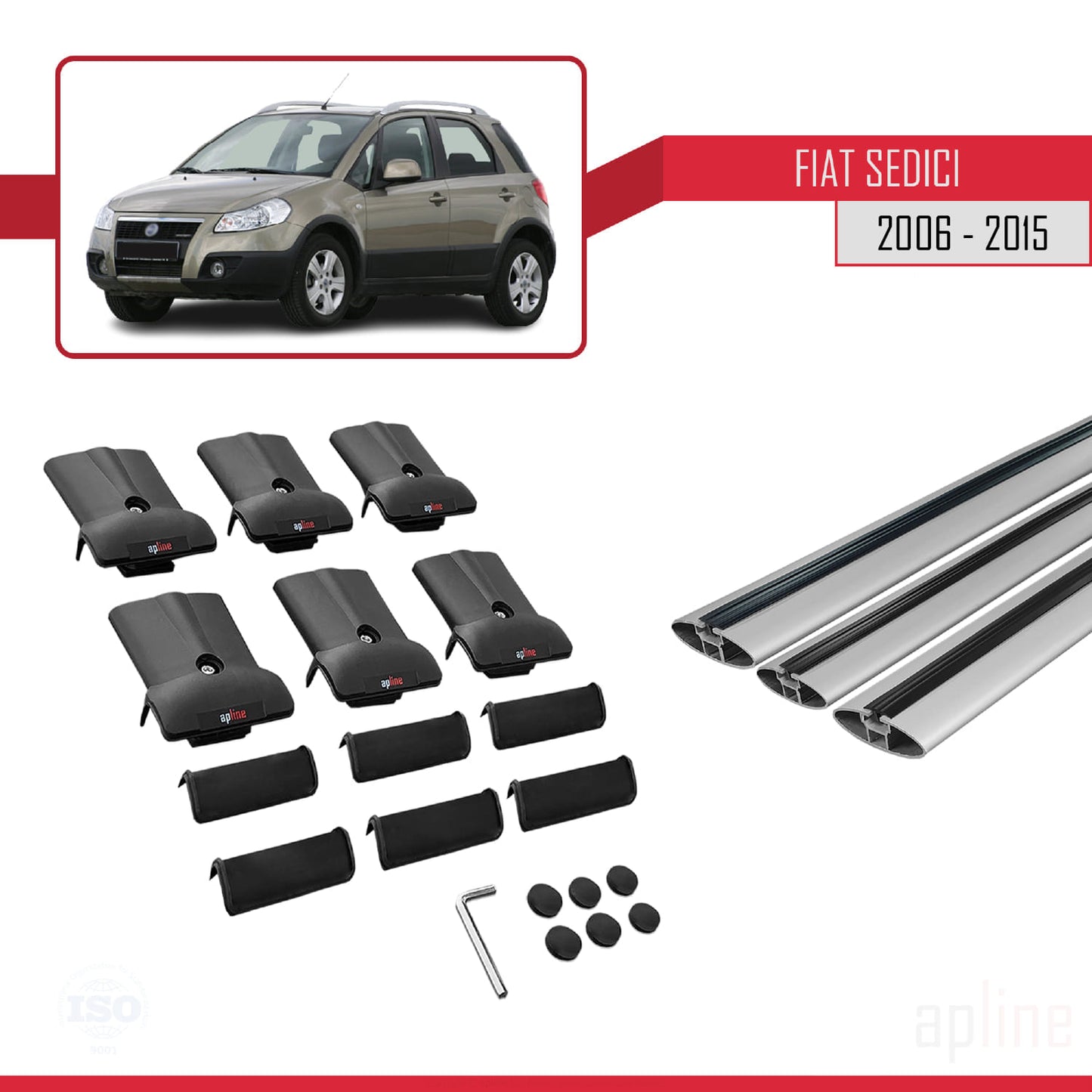 Compatibile con Fiat Sedici 2006-2015 modello FLY Barre portatutto Railing Portapacchi per auto Alluminio grigio 3 barre