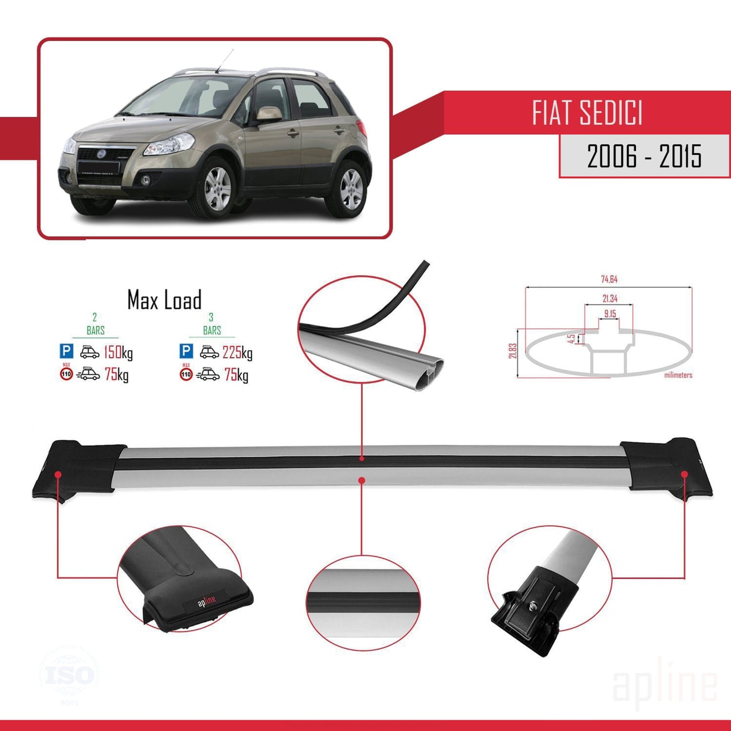 Compatibile con Fiat Sedici 2006-2015 modello FLY Barre portatutto Railing Portapacchi per auto Alluminio grigio 2 barre