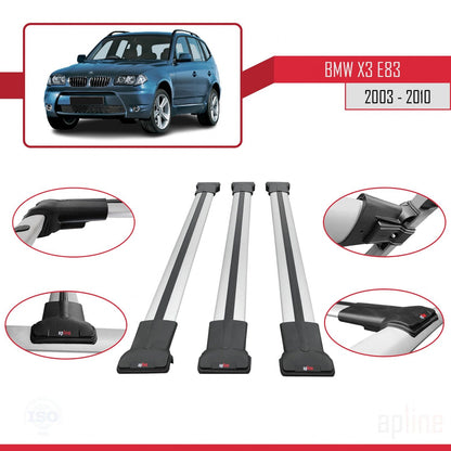 Compatibile con BMW X3 (E83) 2003-2010 modello FLY Barre portatutto per auto Portapacchi in alluminio grigio 3 barre