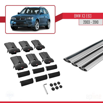 Compatibile con BMW X3 (E83) 2003-2010 modello FLY Barre portatutto per auto Portapacchi in alluminio grigio 3 barre