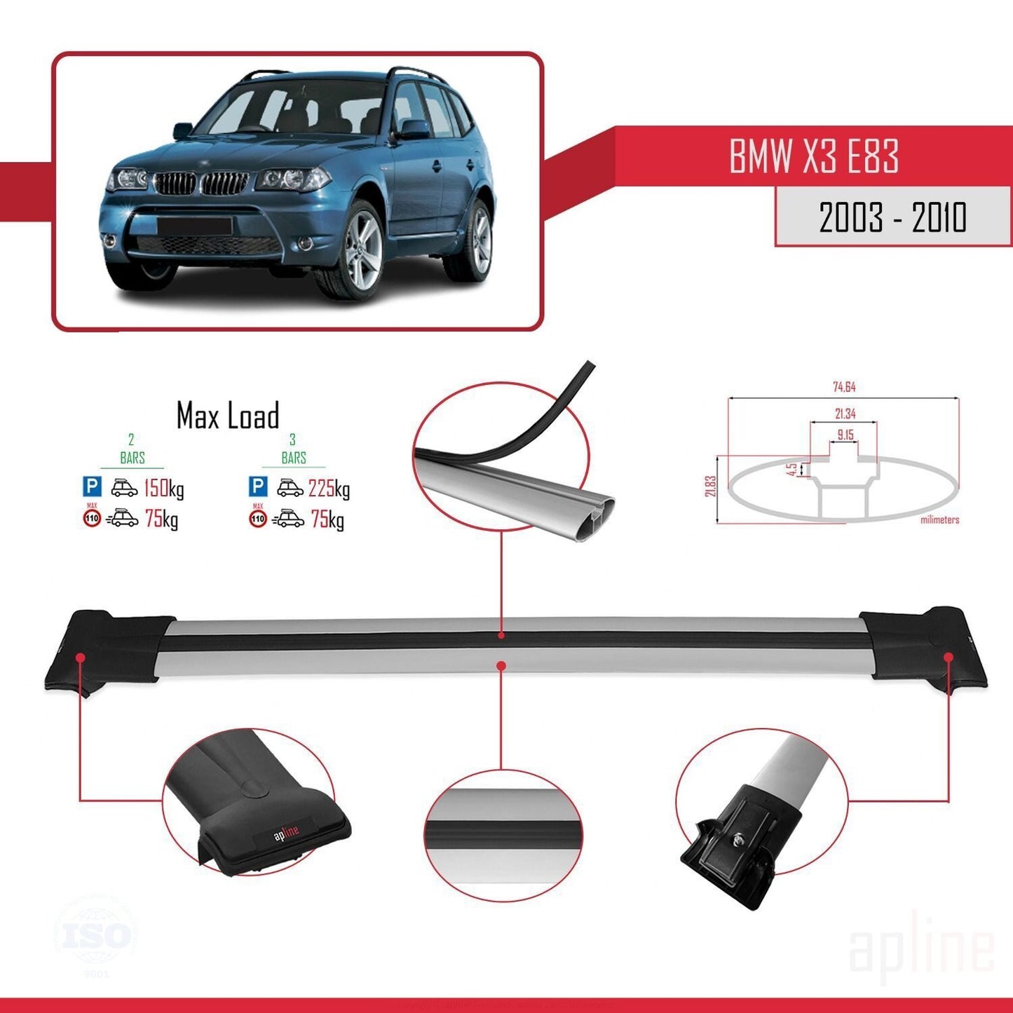 Compatibile con BMW X3 (E83) 2003-2010 modello FLY Barre portatutto per auto Portapacchi in alluminio grigio 2 barre