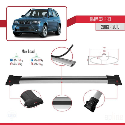 Compatibile con BMW X3 (E83) 2003-2010 modello FLY Barre portatutto per auto Portapacchi in alluminio grigio 2 barre