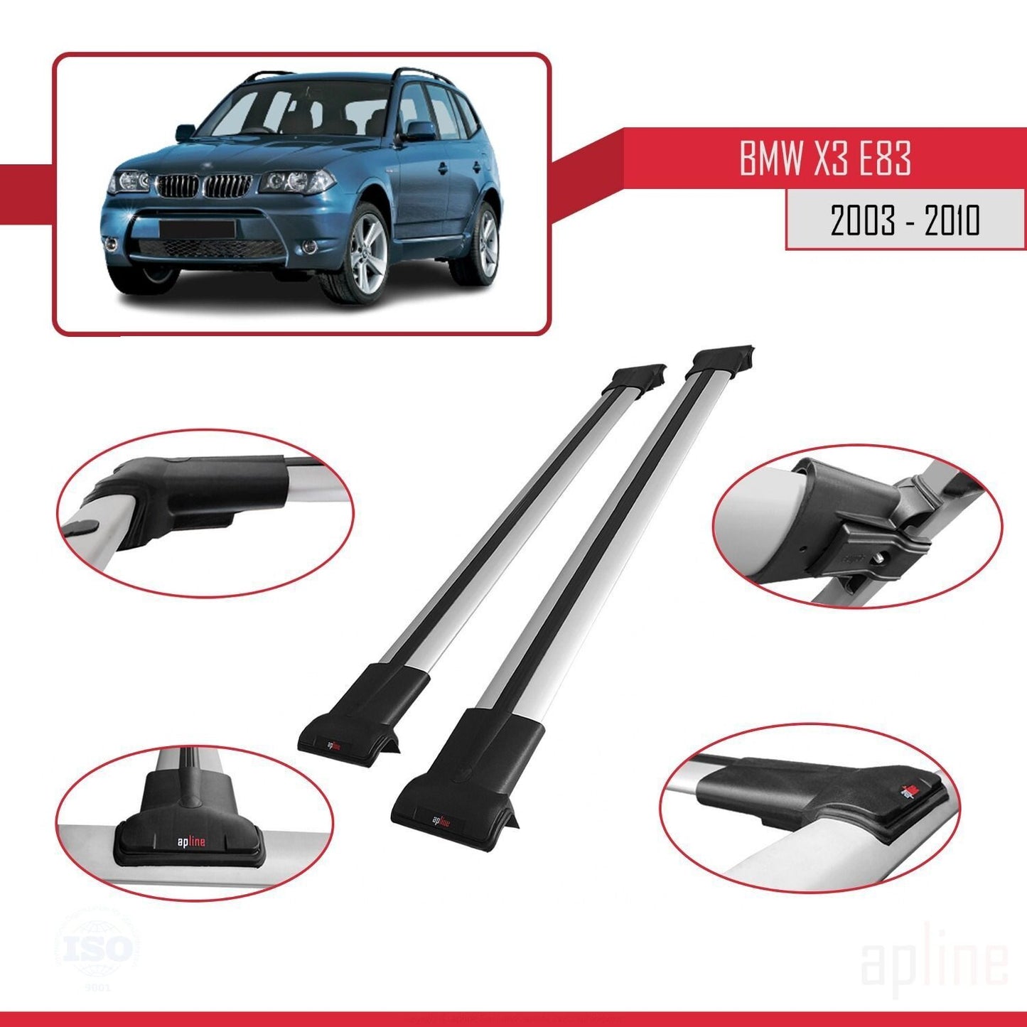 Compatibile con BMW X3 (E83) 2003-2010 modello FLY Barre portatutto per auto Portapacchi in alluminio grigio 2 barre