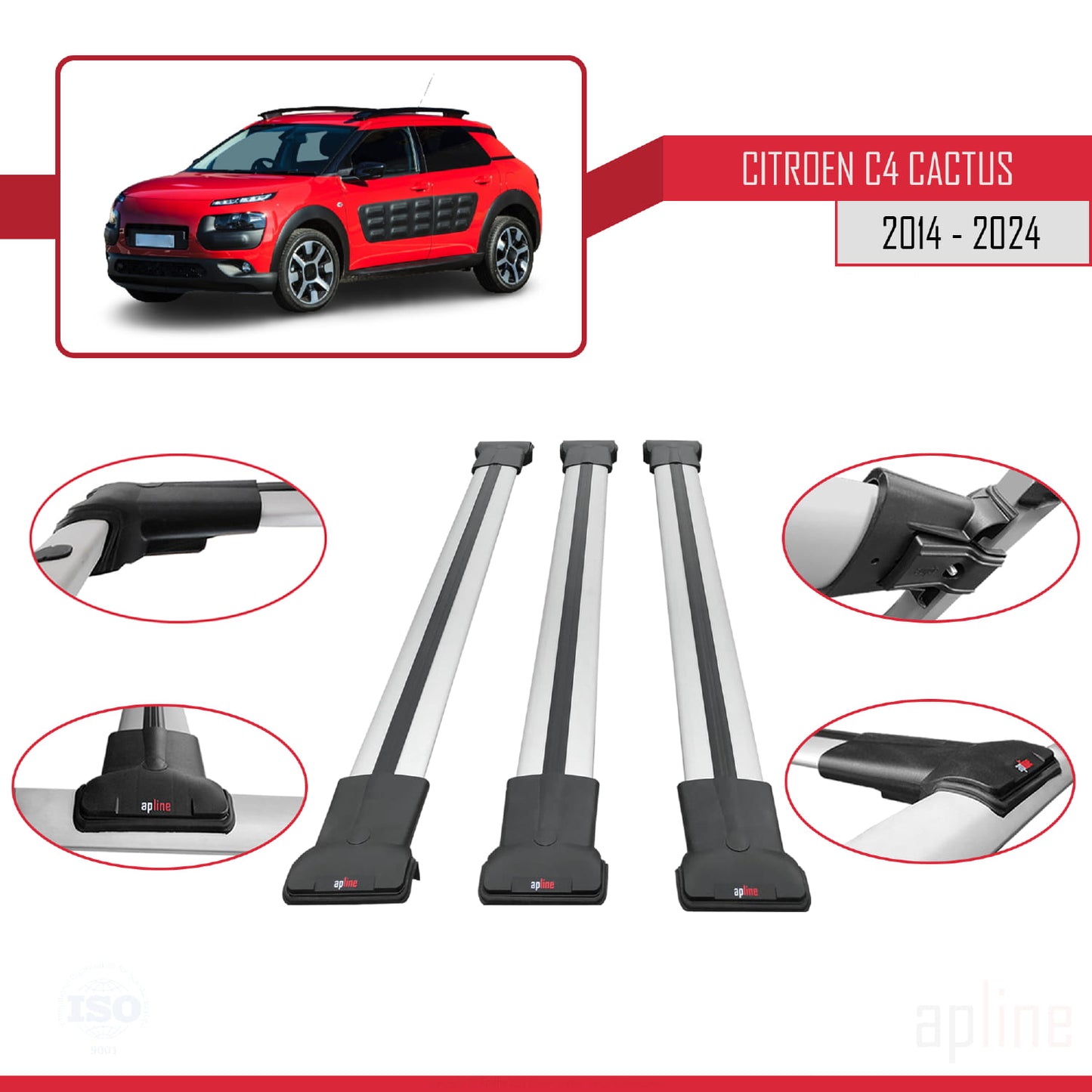 Compatibile con Citroen C4 Cactus 2014-2021 modello FLY Barre portatutto per auto Portapacchi in alluminio grigio 3 barre