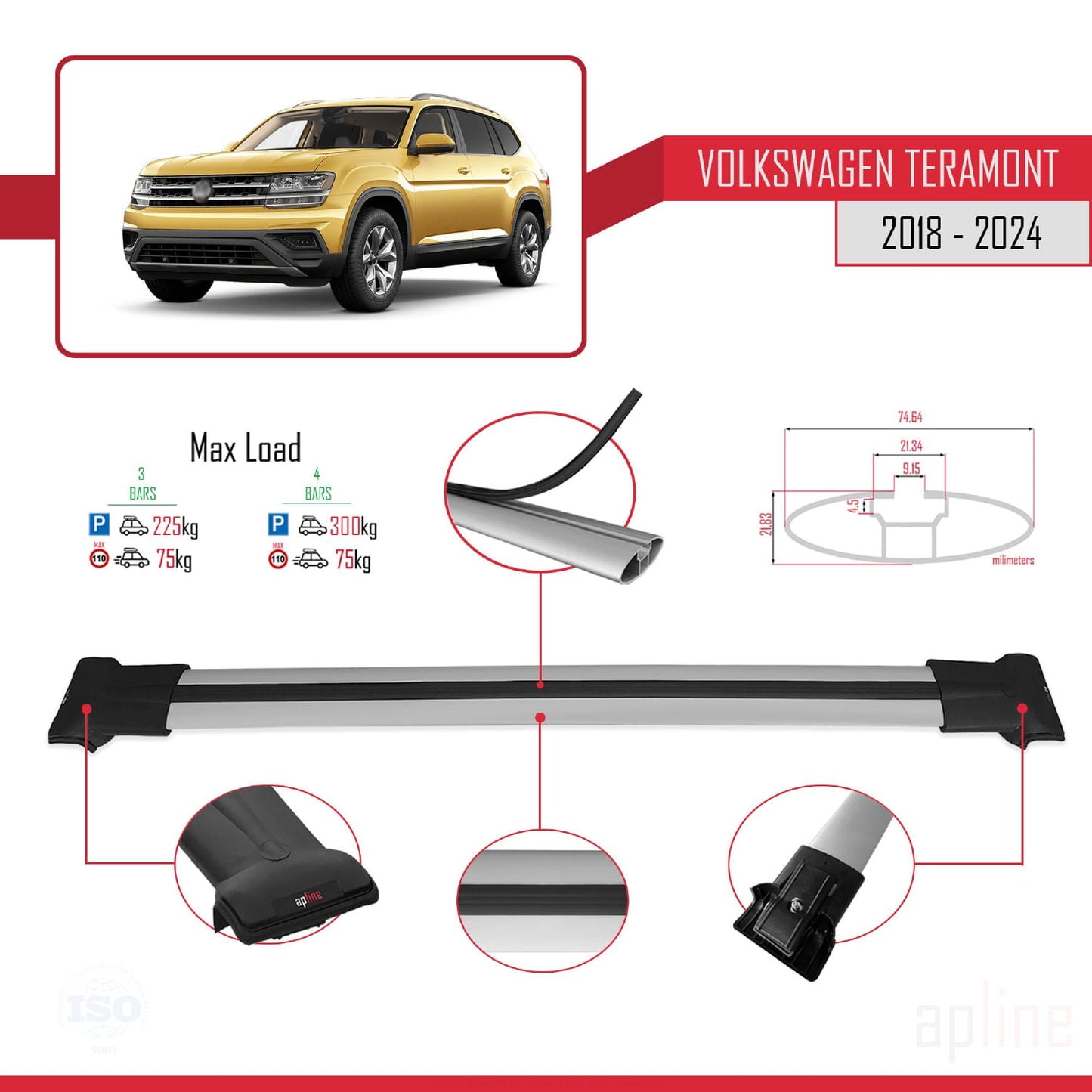 Compatible avec Volkswagen Teramont (CA1) 2018-2024 FLY Model Barres de Toit Railing Porte-Bagages de Voiture Gris Aluminium 3 Barres