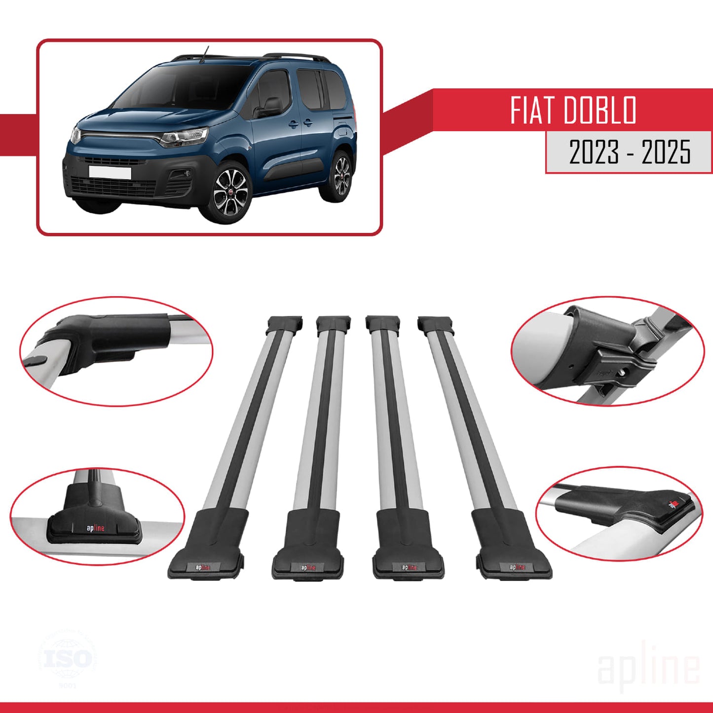 Compatibile con Fiat Doblo 3 2023-2025 Modello FLY Barre Portatutto Railing Portapacchi Auto Alluminio Grigio 4 Barre