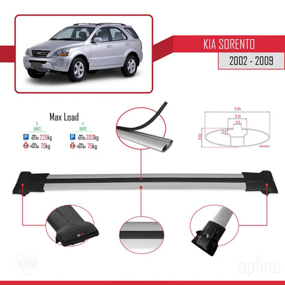 Compatible with Kia Sorento (BL) 2002-2009 FLY Model Car Roof Rack Cross Bar Grey Aluminium 3 Bars