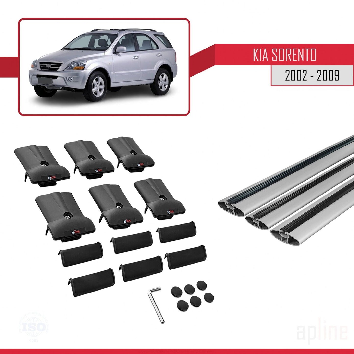 Compatible with Kia Sorento (BL) 2002-2009 FLY Model Car Roof Rack Cross Bar Grey Aluminium 3 Bars