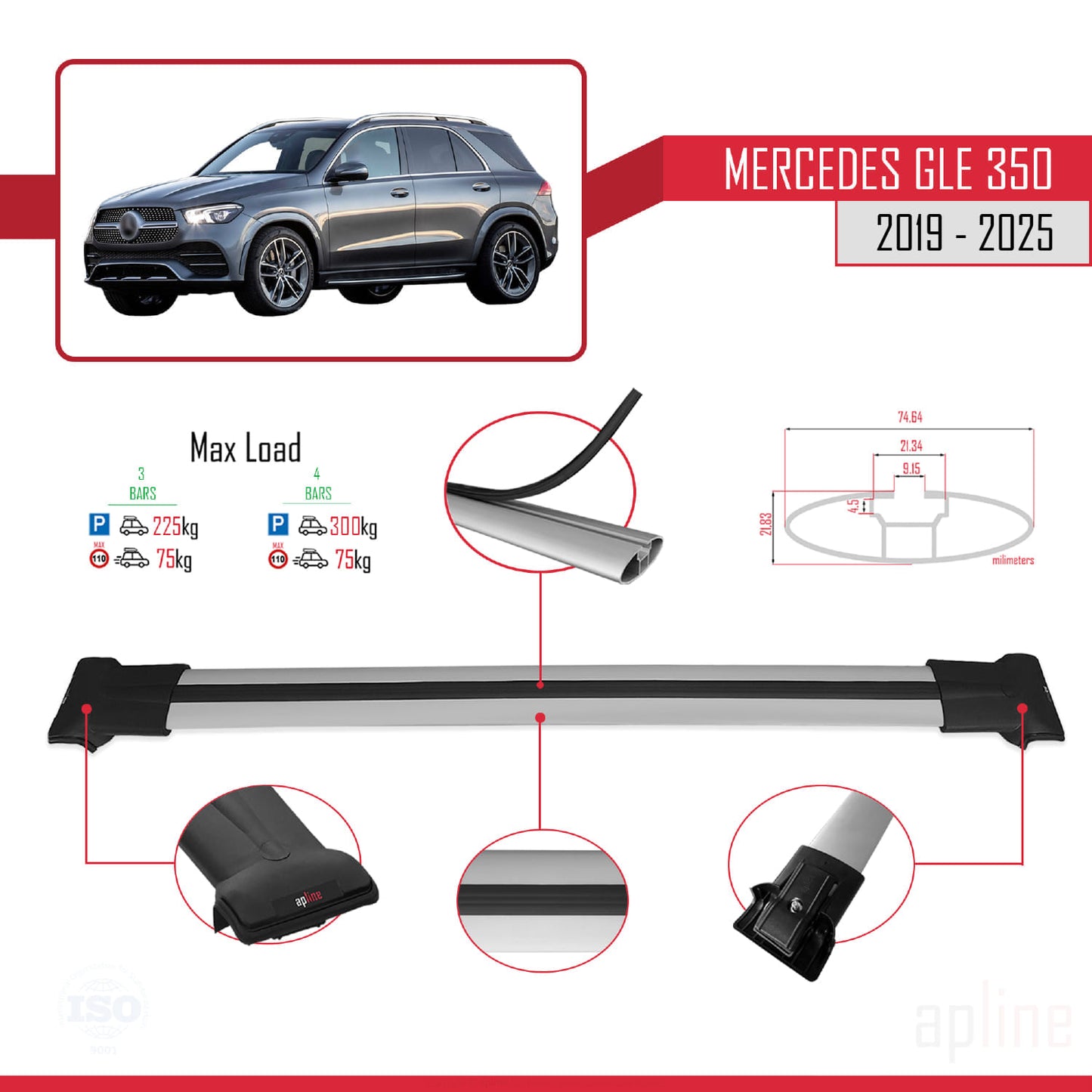 Compatible avec Mercedes Classe GLE 4 (V167) 2019-2025 FLY Model Barres de Toit Railing Porte-Bagages de Voiture Gris Aluminium 3 Barres