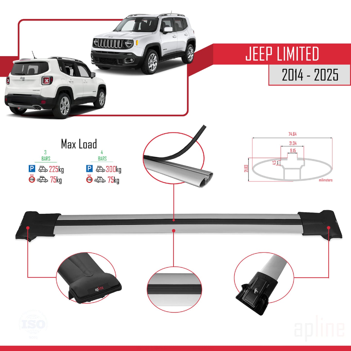 Compatible avec Jeep Limited 2014-2025 FLY Model Barres de Toit Railing Porte-Bagages de Voiture Gris Aluminium 3 Barres