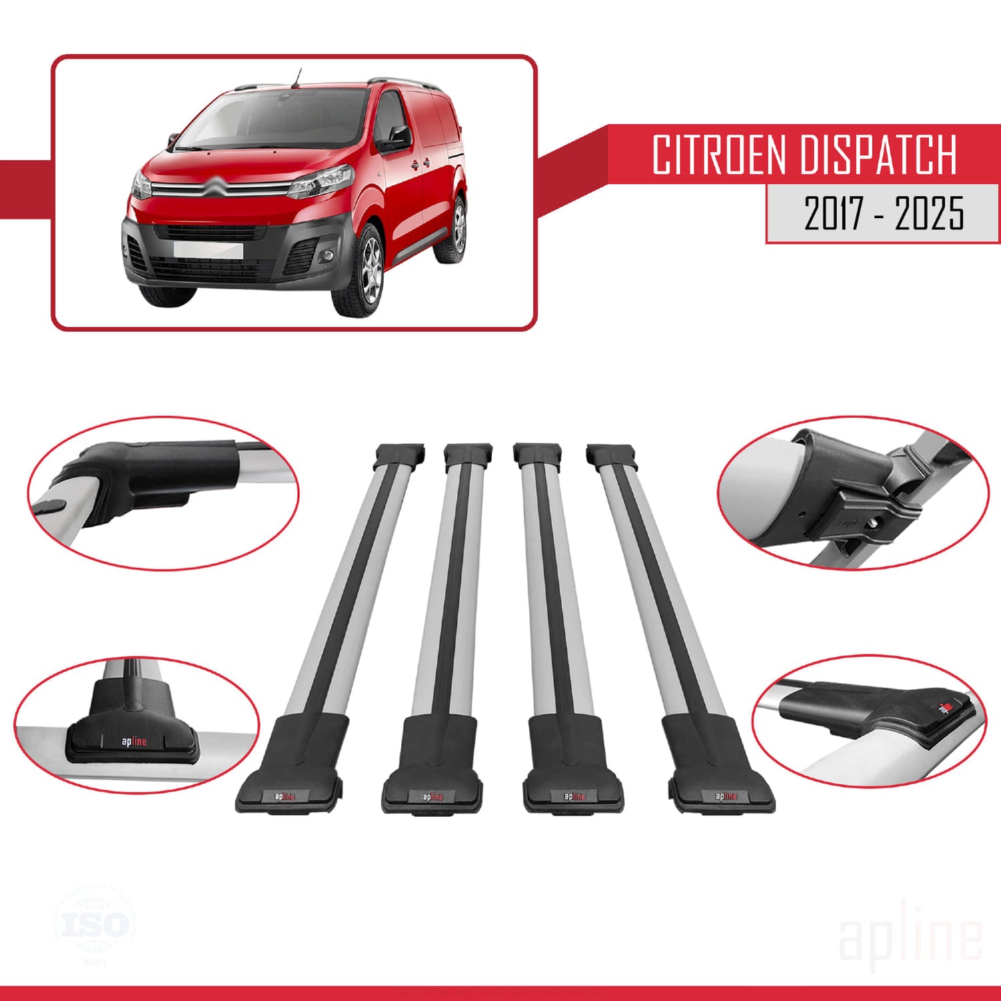 Compatibile con Citroen Dispatch (K0) 2017-2025 modello FLY Barre portatutto per auto Portapacchi in alluminio grigio 4 barre