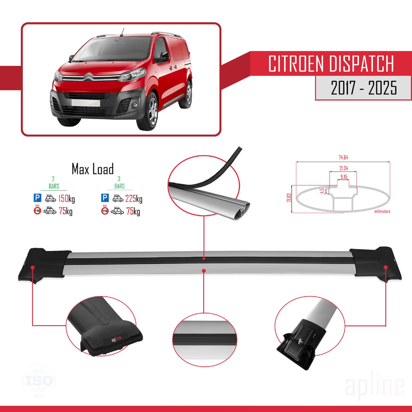 Compatibile con Citroen Dispatch (K0) 2017-2025 modello FLY Barre portatutto per auto Portapacchi in alluminio grigio 2 barre