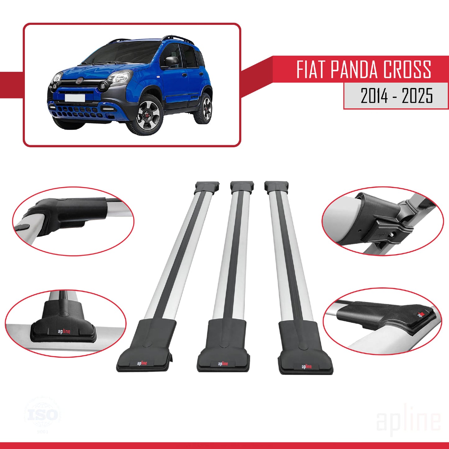 Compatibile con Fiat Panda Cross 2014-2025 Modello FLY Barre Portatutto Railing Portapacchi Auto Alluminio Grigio 3 Barre