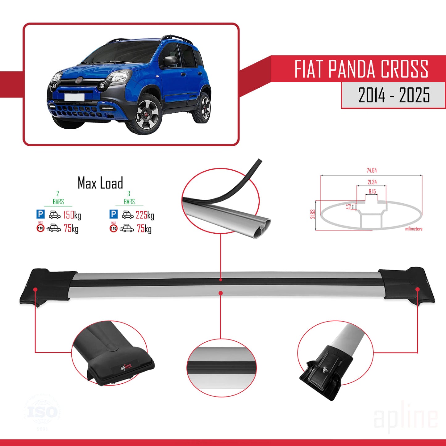 Compatibile con Fiat Panda Cross 2014-2025 Modello FLY Barre Portatutto Railing Portapacchi Auto Alluminio Grigio 2 Barre