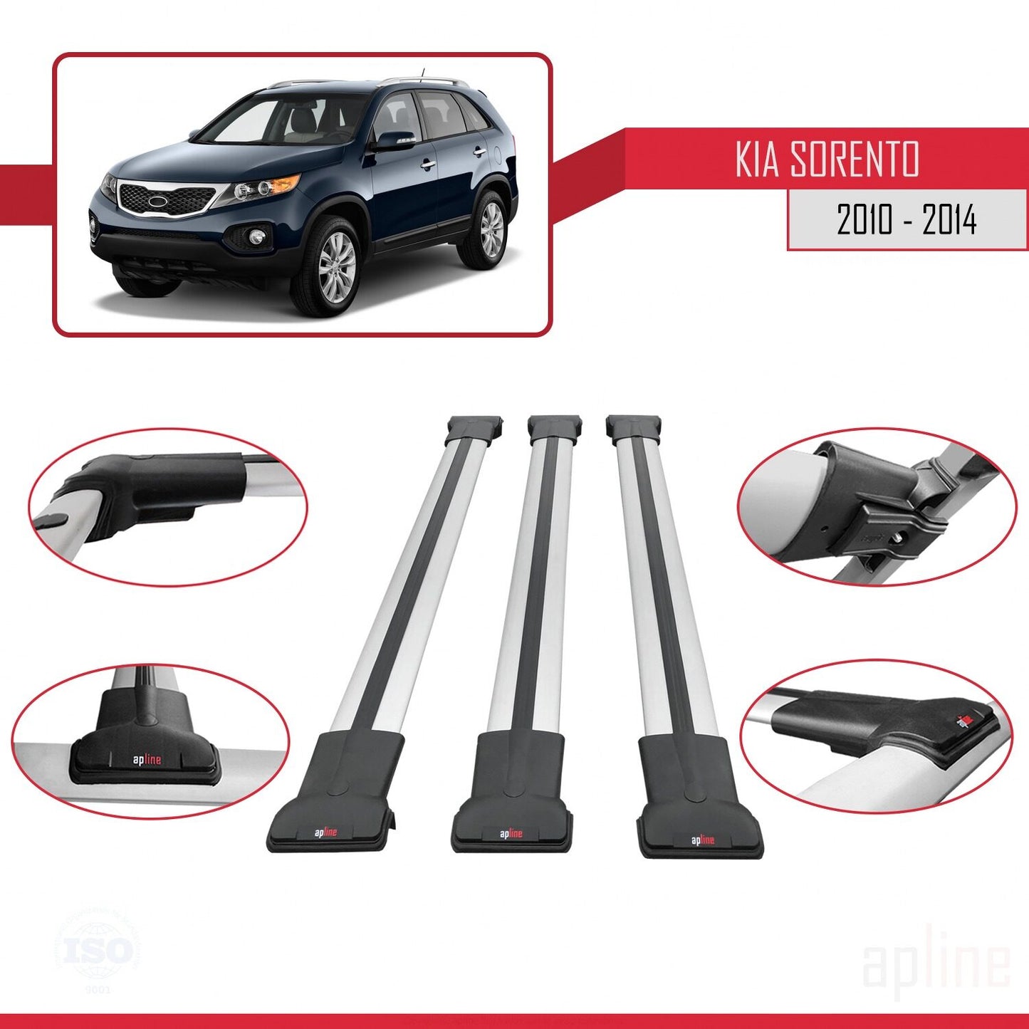 Compatible avec Kia Sorento 2 (XM) 2010-2014 FLY Model Barres de Toit Railing Porte-Bagages de Voiture Gris Aluminium 3 Barres
