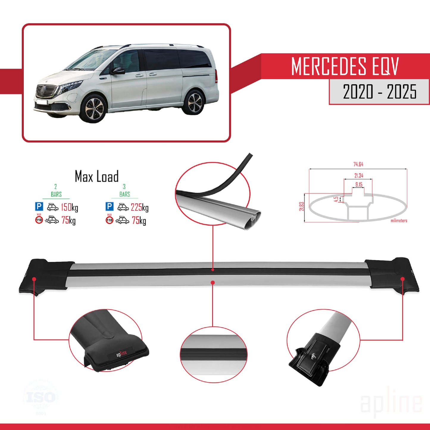 Compatible avec Mercedes EQV (W447) 2020-2025 FLY Model Barres de Toit Railing Porte-Bagages de Voiture Gris Aluminium 2 Barres
