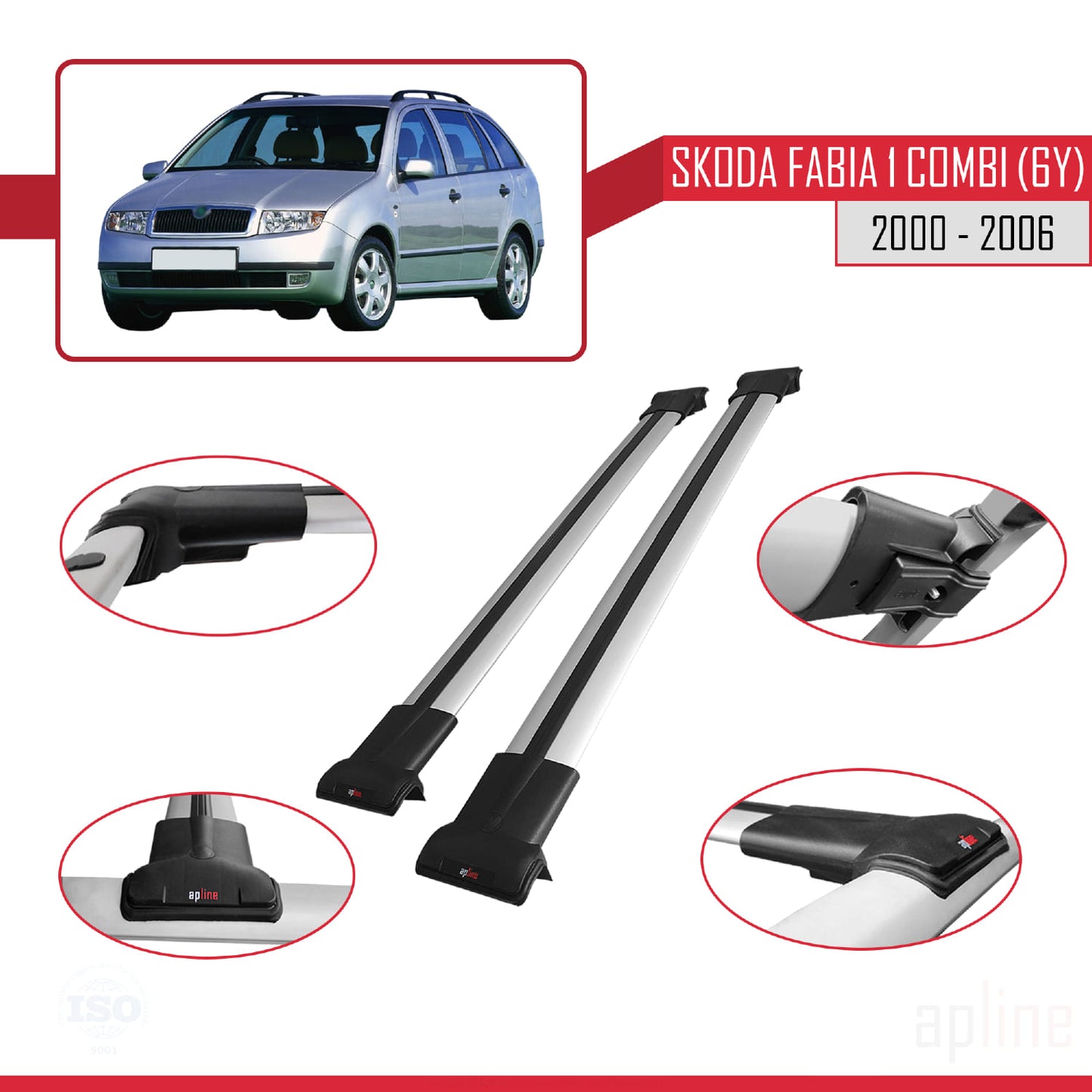 Compatible avec Skoda Fabia (6Y) Break 2000-2006 FLY Model Barres de Toit Railing Porte-Bagages de Voiture Gris Aluminium 2 Barres