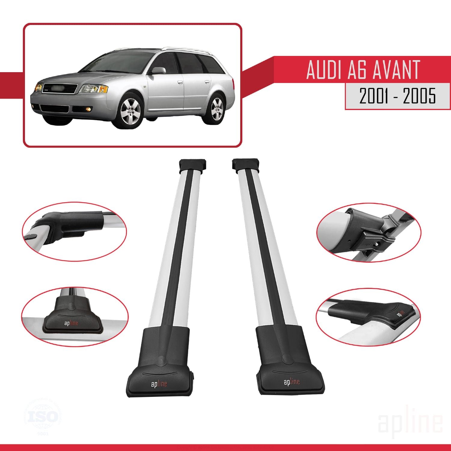 Compatible avec Audi A6 Avant 2001-2005 FLY Model Barres de Toit Railing Porte-Bagages de Voiture Gris Aluminium 2 Barres