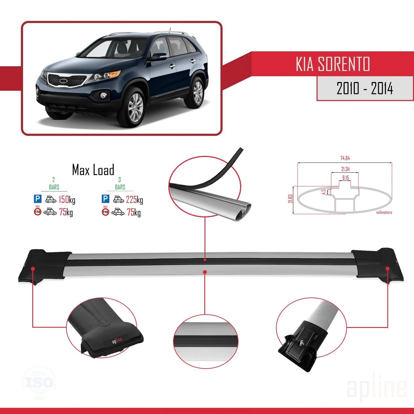 Compatible avec Kia Sorento 2 (XM) 2010-2014 FLY Model Barres de Toit Railing Porte-Bagages de Voiture Gris Aluminium 2 Barres