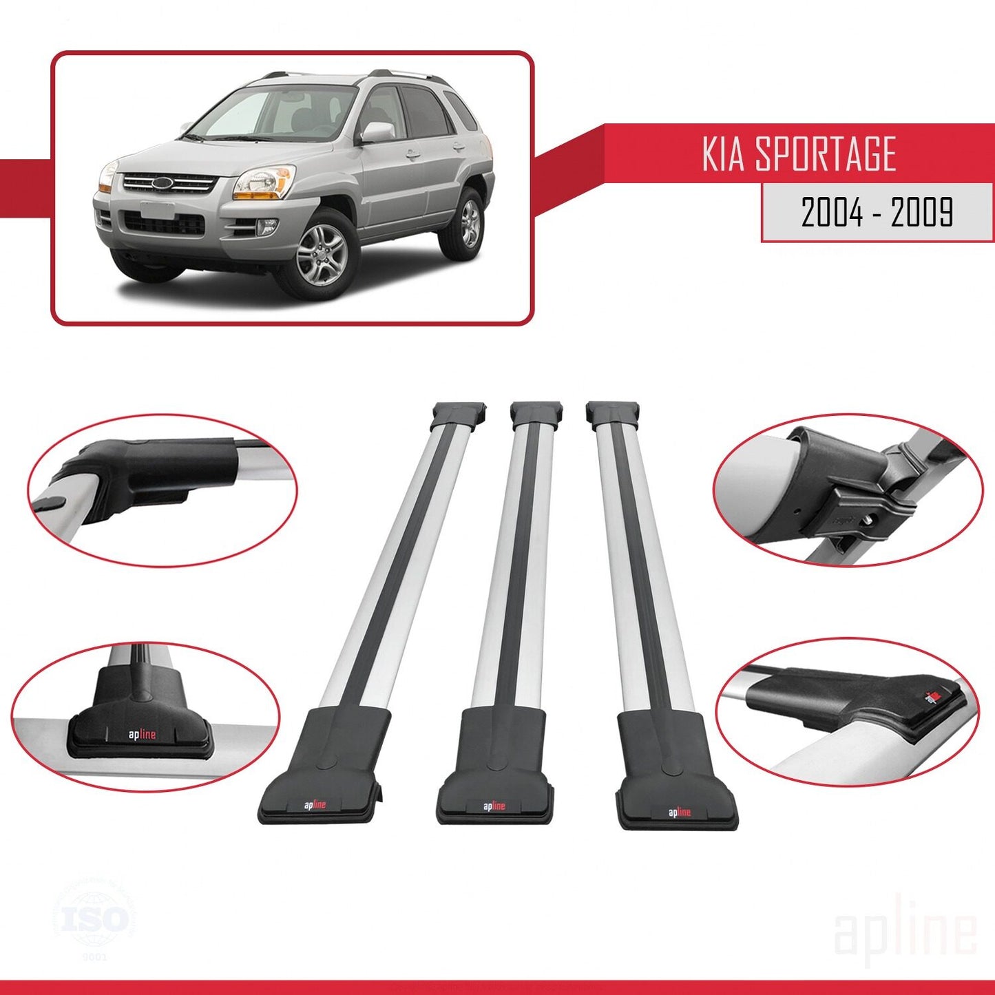 Compatibile con Kia Sportage 2 (JE) 2004-2009 FLY Model Barre Tetto Portapacchi Auto Barre Portatutto Grigo Alluminio 3 Barre