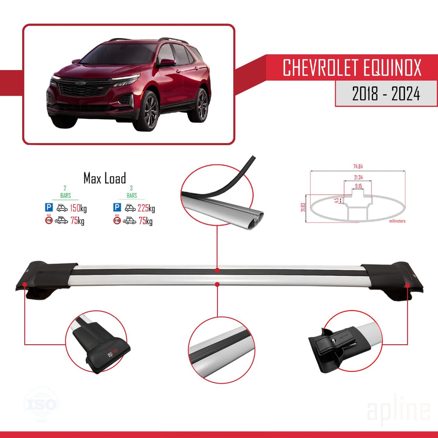 Compatible avec Chevrolet Equinox 2018-2024 FLY Model Barres de Toit Railing Porte-Bagages de Voiture Gris Aluminium 2 Barres