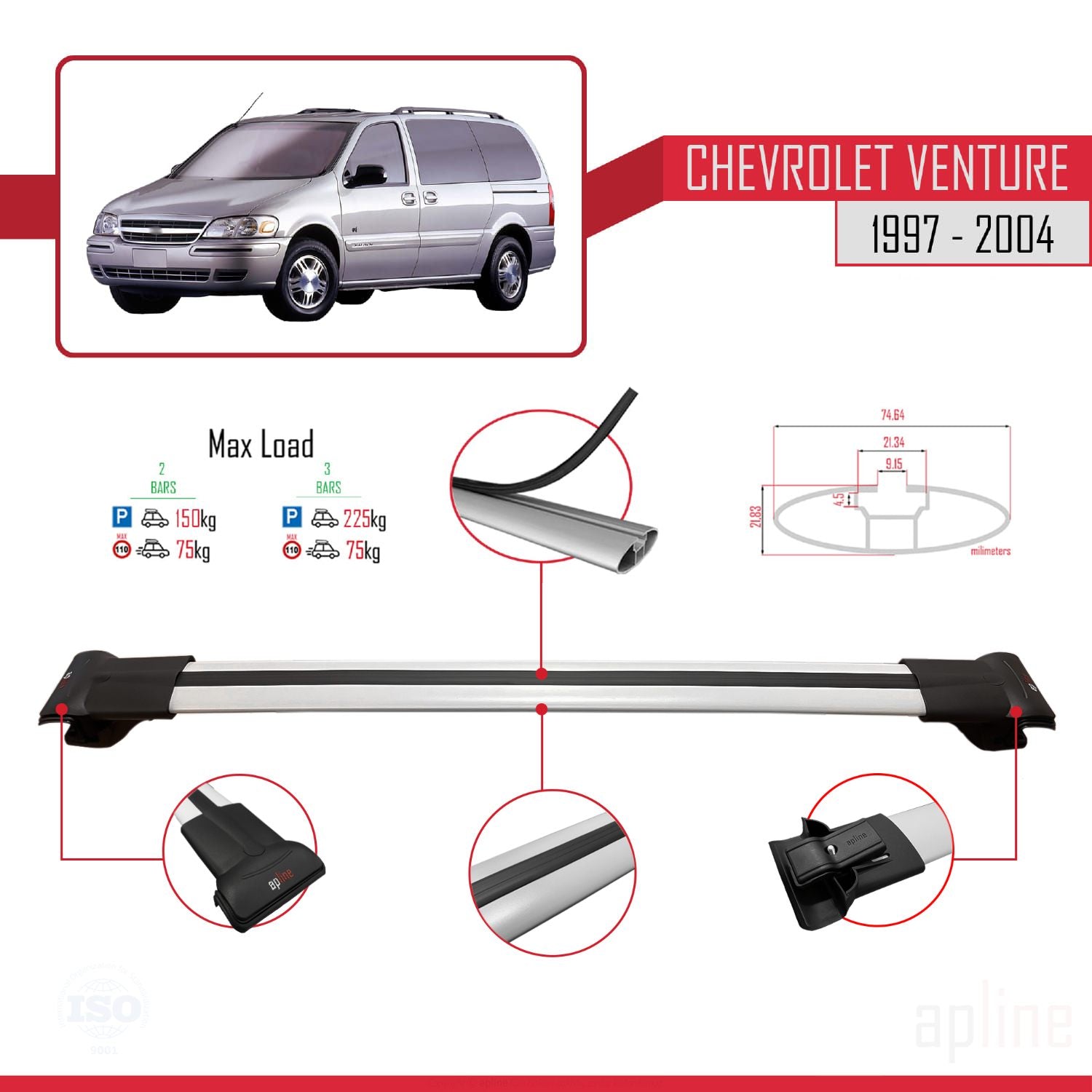 Compatible avec Chevrolet Venture 1997-2004 FLY Model Barres de Toit Railing Porte-Bagages de Voiture Gris Aluminium 2 Barres