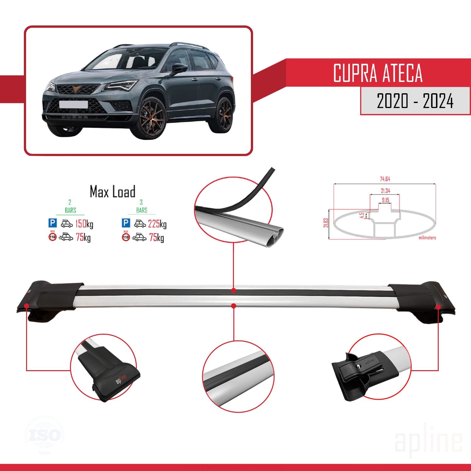 Compatible avec Cupra Ateca 2020-2024 FLY Model Barres de Toit Railing Porte-Bagages de Voiture Gris Aluminium 2 Barres