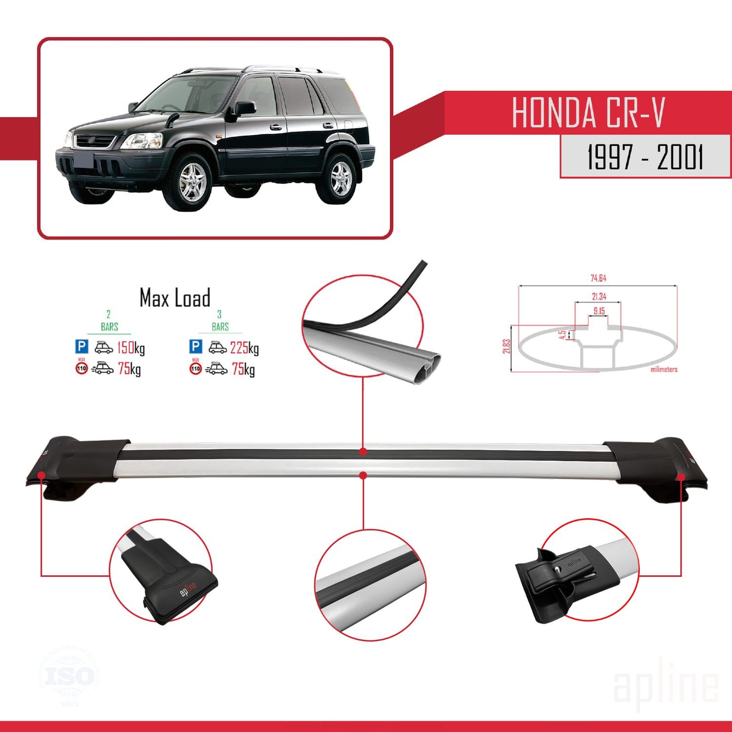 Compatible avec Honda CR-V 1997-2001 FLY Model Barres de Toit Railing Porte-Bagages de Voiture Gris Aluminium 2 Barres